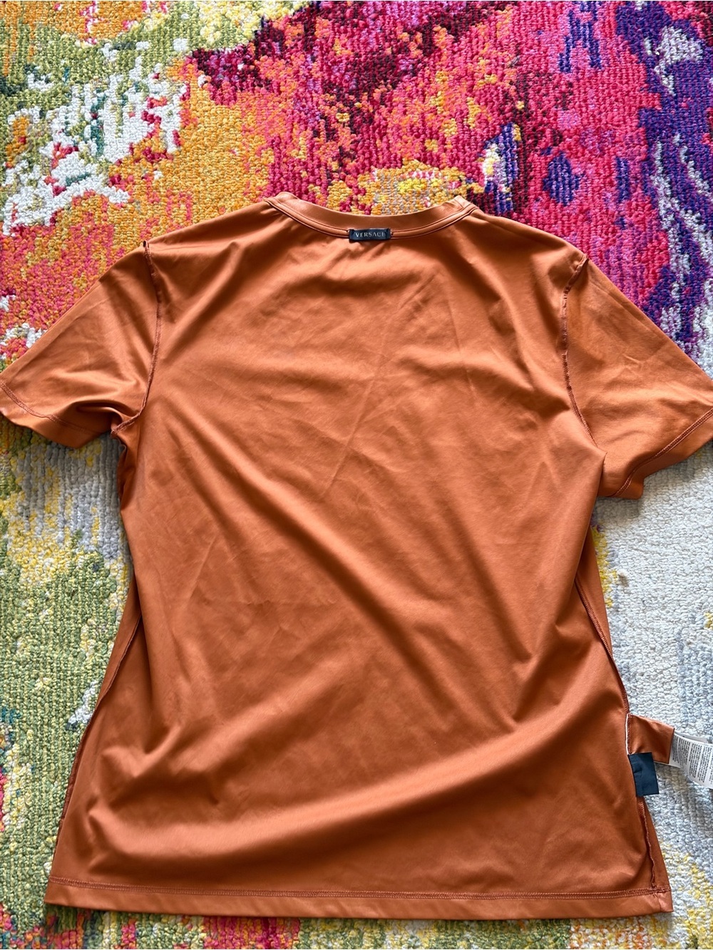 Unisex Versace Orange Short-Sleeve Logo Tee Black Patch Size 40 Fits - Picture 8 of 11